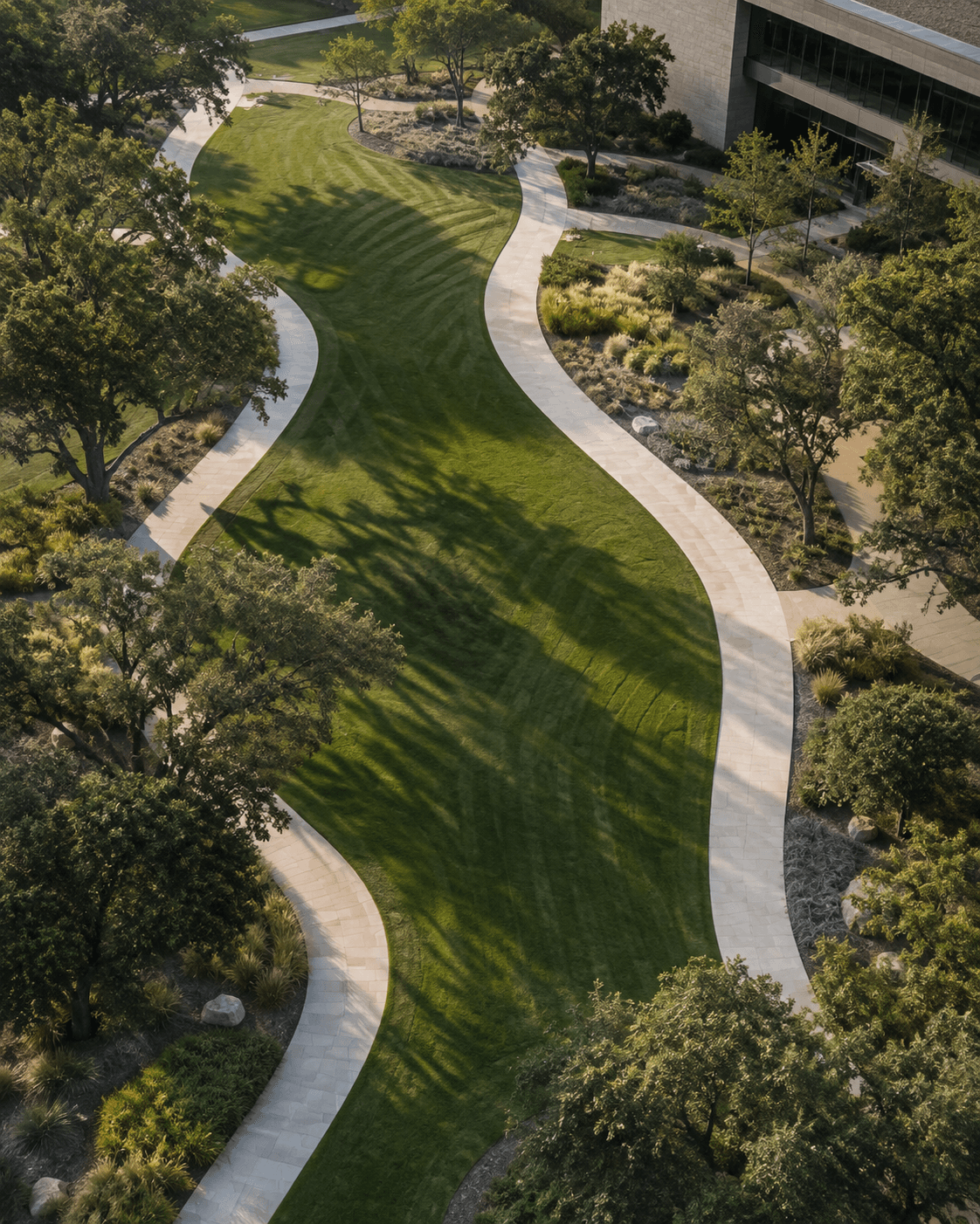 Illustrative commercial grounds with curved paths and mature trees